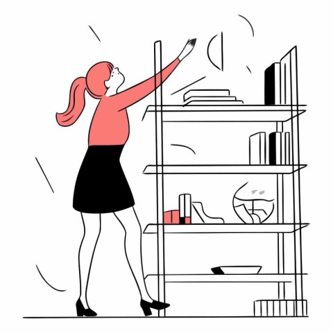 Vector illustration of a woman standing near bookshelf in the li