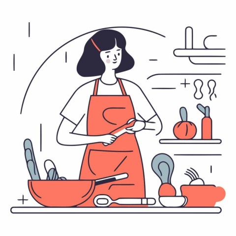 Vector illustration in flat linear style - a woman in apron prep