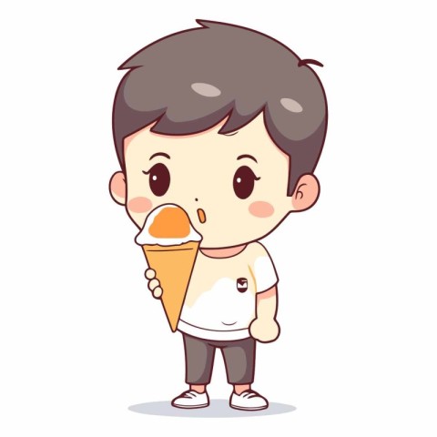 Cute boy eating ice cream in cartoon style.