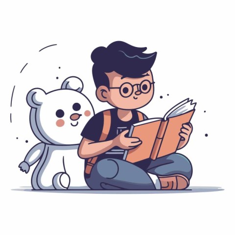 Vector illustration of a boy reading a book with a teddy bear