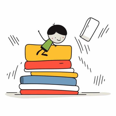 Boy falling on stack of books. Hand drawn cartoon vector illustr