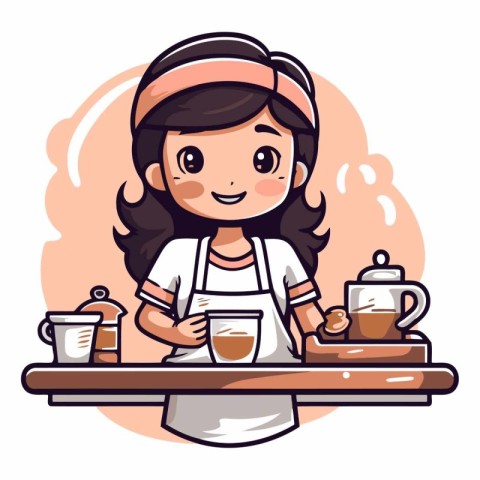 Cute little girl serving coffee in cartoon style.