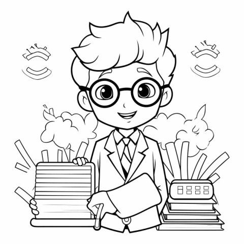 Black and White Cartoon Illustration of School Boy Student or El