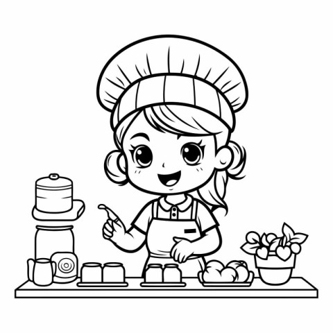 Black and White Cartoon Illustration of a Cute Little Girl Chef