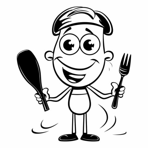 Black and White Cartoon Illustration of a Boy Holding a Spoon an