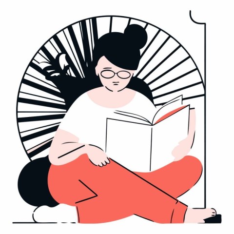 Young woman reading a book in a flat style.