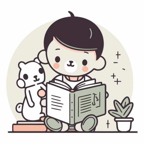 Cute boy reading a book and playing with his dog.