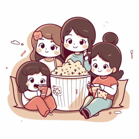 Illustration of a group of children eating popcorn and watching