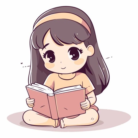 Cute little girl reading a book in cartoon style.