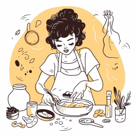 Young woman cooking in the kitchen in sketch style.