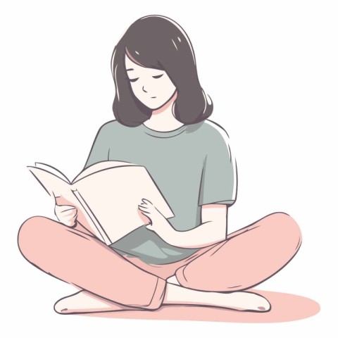 Illustration of a young woman reading a book on a white backgrou