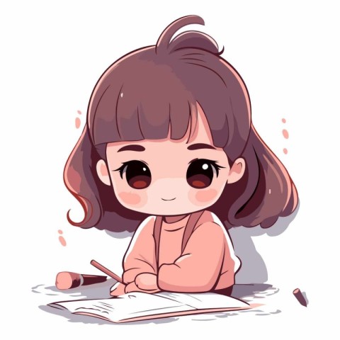 Cute little girl doing homework. Vector cartoon illustration. Is