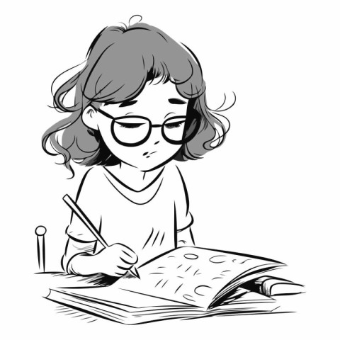 Cute little girl doing homework in black and white.