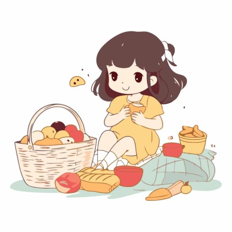 Illustration of a Cute Little Girl with a Basket of Food