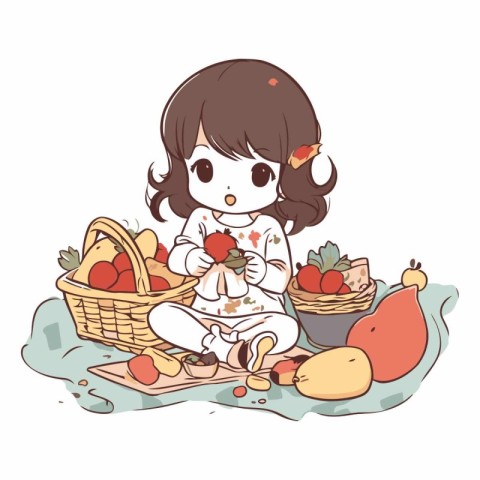 Illustration of a cute little girl sitting with a basket full of