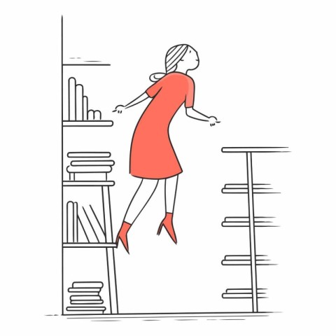 Woman in red dress standing on the bookshelf.