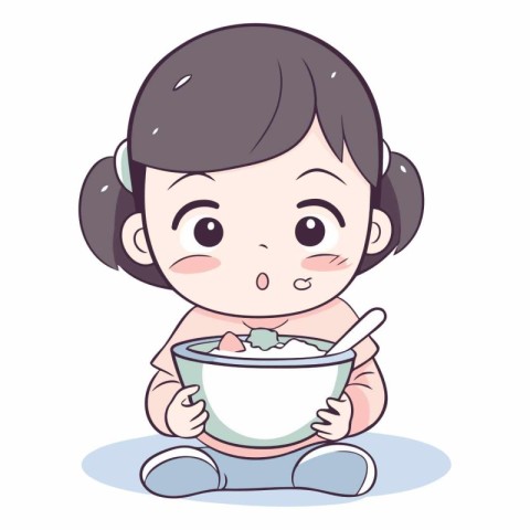 Illustration of a Cute Little Girl Eating a Bowl of Rice