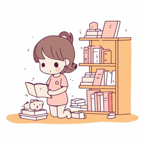 Girl reading a book in the library in cartoon style.