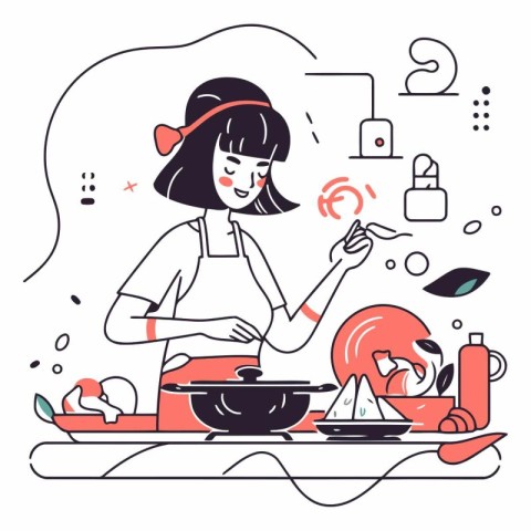 Young woman cooking food in the kitchen. Vector line art illustr