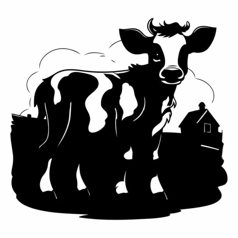 cow and house - black and white vector illustration on a white b