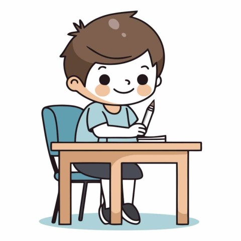 Boy writing in notebook at the table of a cartoon character.