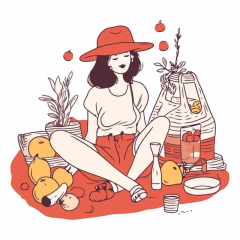 Beautiful woman in hat sitting on the floor with fruits.