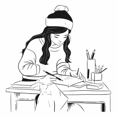 Vector illustration of a girl sitting at the table and writing i