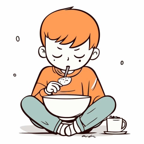 Illustration of a little boy eating cereals with a spoon.