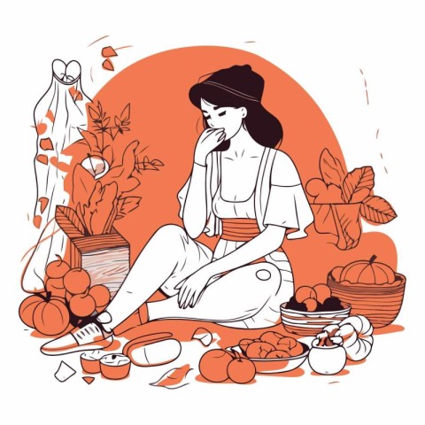 Young woman sitting on the floor with fruits and vegetables