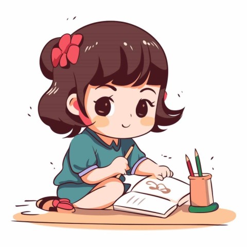 Cute little girl doing homework in cartoon style.