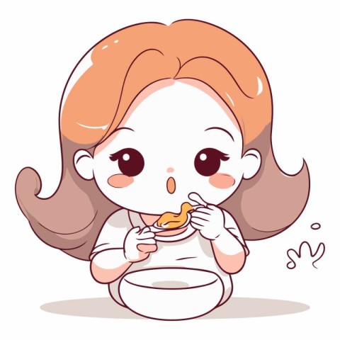 Illustration of a Little Girl Eating a Bowl of Noodles