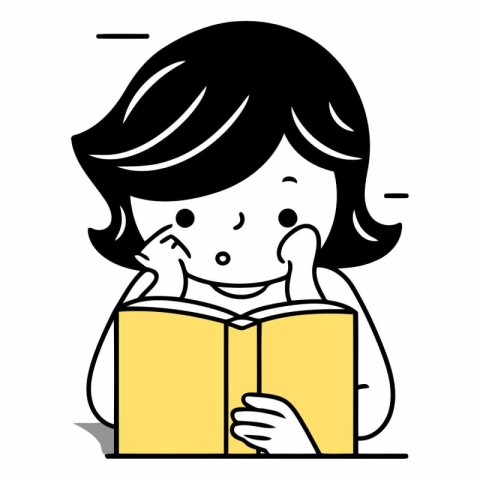 Illustration of a Girl Reading a Book - Black and White Cartoon