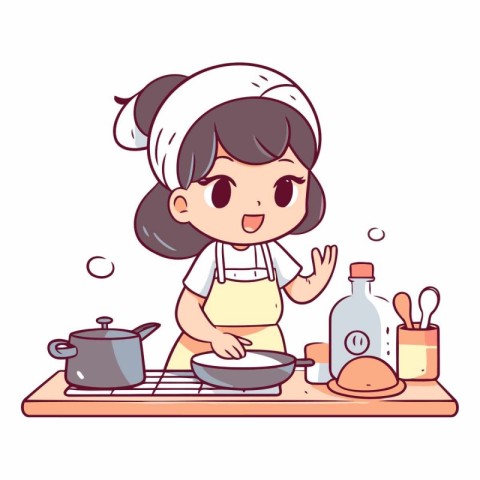 Cute little girl cooking in the kitchen in cartoon style.