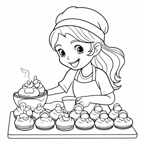 Cute little girl baking muffins. Black and white vector illustra