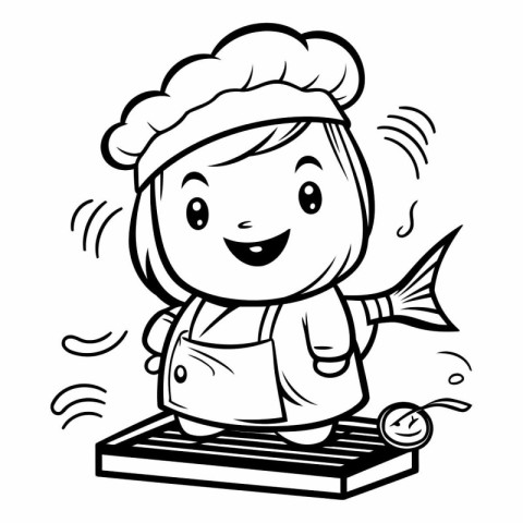 Black and White Cartoon Illustration of Cute Little Chef with Fi