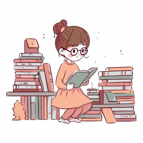 Girl reading a book on a stack of books.