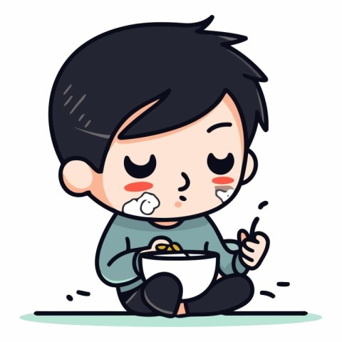 Illustration of a Kid Boy Eating Noodles While Sitting Down