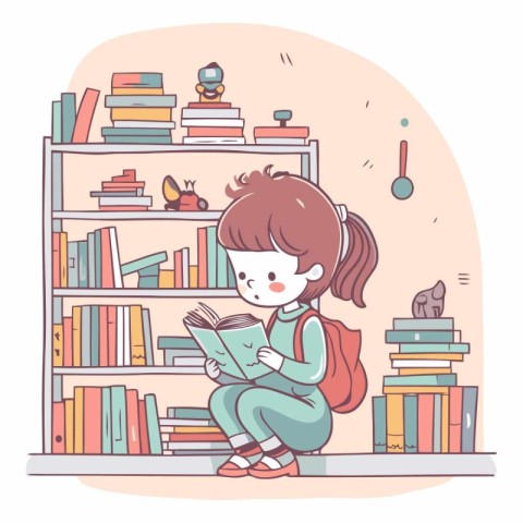 Cute little girl sitting on the bookshelf and reading a book