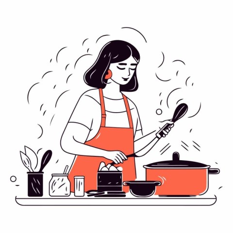 Vector illustration of a woman cooking in the kitchen. Cartoon s