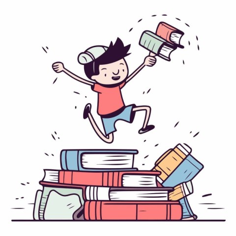 Boy jumping from pile of books in cartoon style.