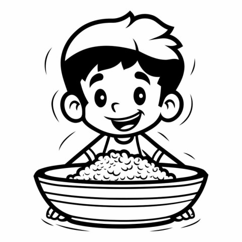 Black and White Cartoon Illustration of Kid Boy Eating Rice for