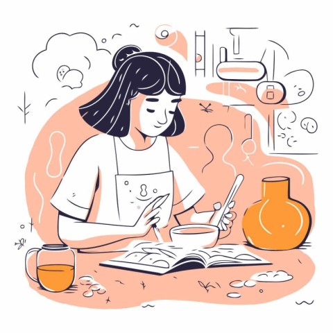 Vector illustration of a young woman doing her homework in the k