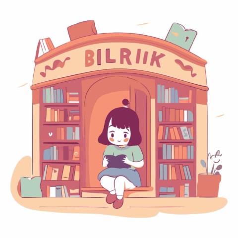 Vector illustration of a girl sitting in front of a book store.