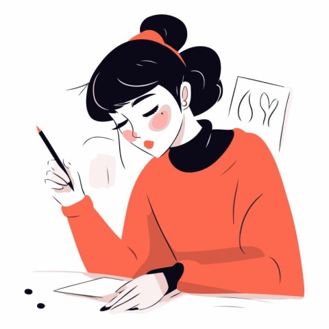 Young woman doing her daily work in cartoon style.