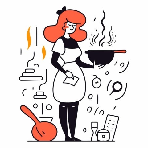 Pregnant woman cooking food in thin line style.