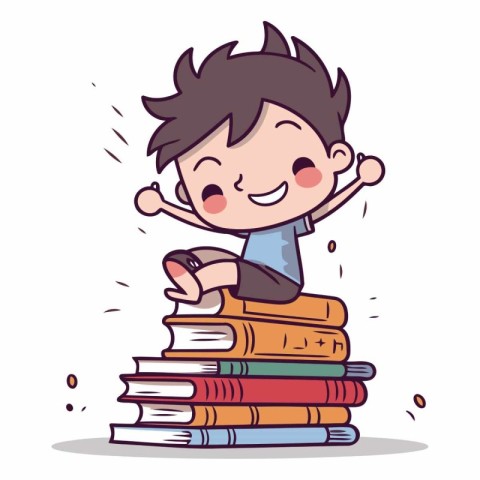 Happy boy sitting on a pile of books in cartoon style.