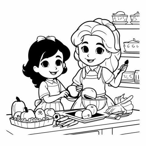 Black and White Cartoon Illustration of Mother and Daughter Cook