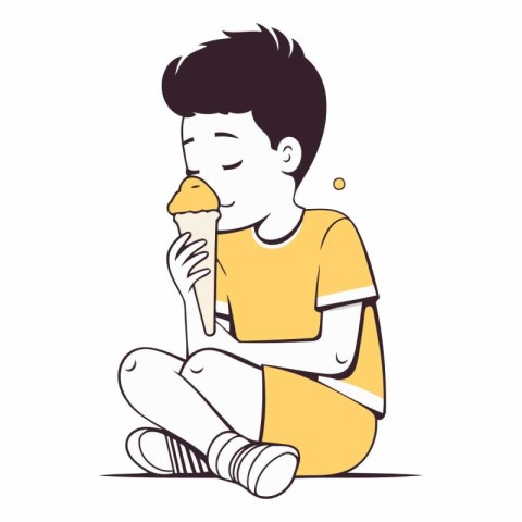 Illustration of a boy eating ice cream on a white background.