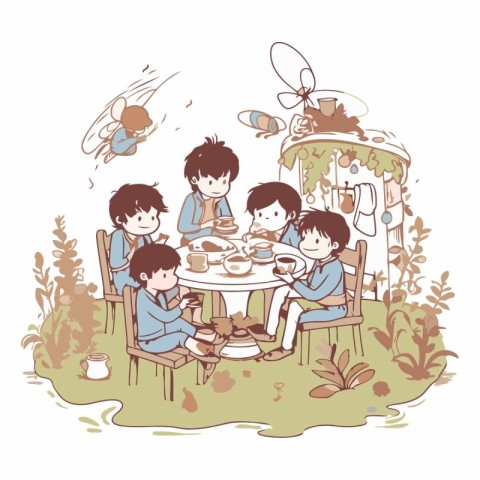 Children sitting at the table and eating in the garden.vector il