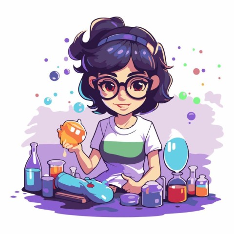 Cute little girl playing with slime in cartoon style.